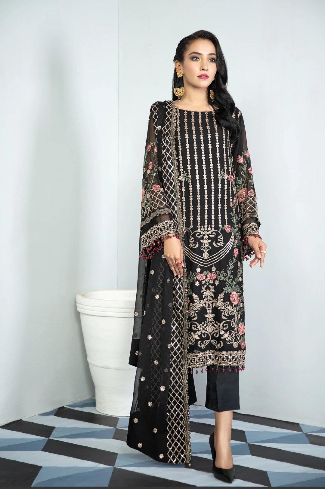 Alizeh Embroidered Chiffon/Vol 3/Black Palm - AWWALBOUTIQUE