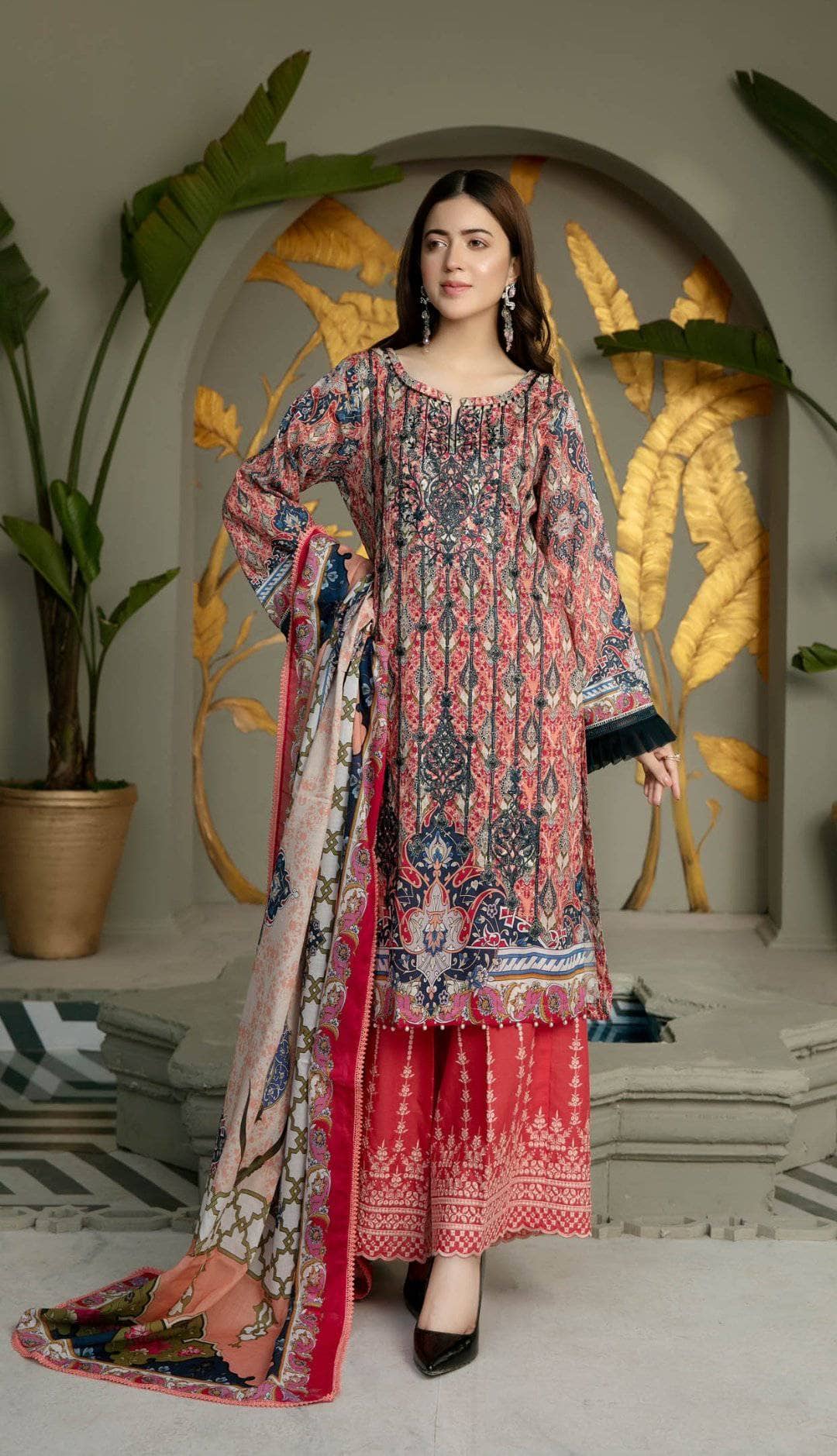 Restocked/Adans Libas Arwa With Schiffli Embroidered Bottom/Mix Print