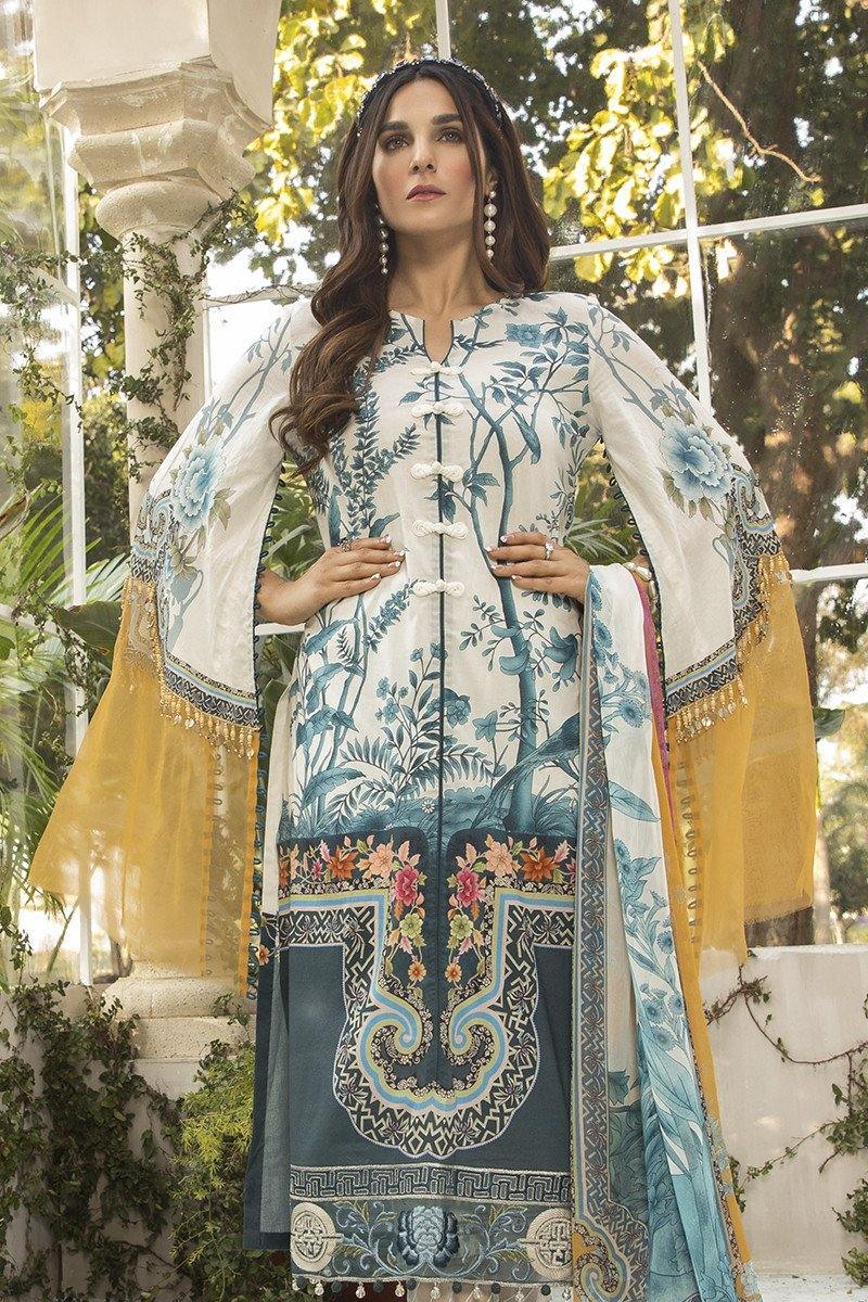 Printed lawn shirt Cambric trouser Chiffon printed dupatta Embroidered ghera patti