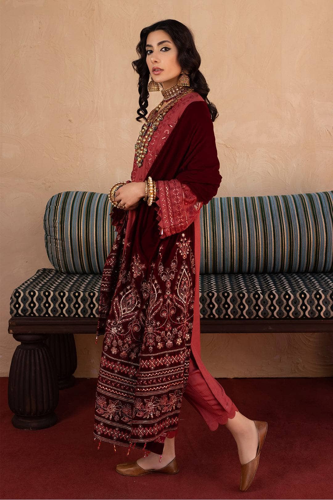img_leather_peach_embroidered_shirt_velvet_shawl_awwal_boutique