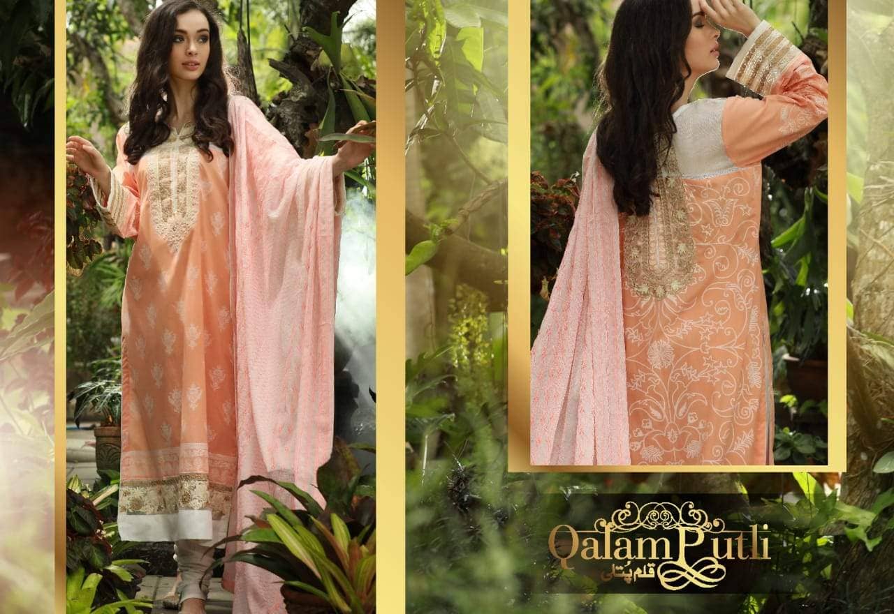 Qalam Putli Embroidered Lawn Collection|Peach