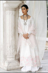 Fully embroidered shirt front with paste printed back and sleeves Embroidered border patch Laser cut embroidered organza dupatta Dyed cambric trouser