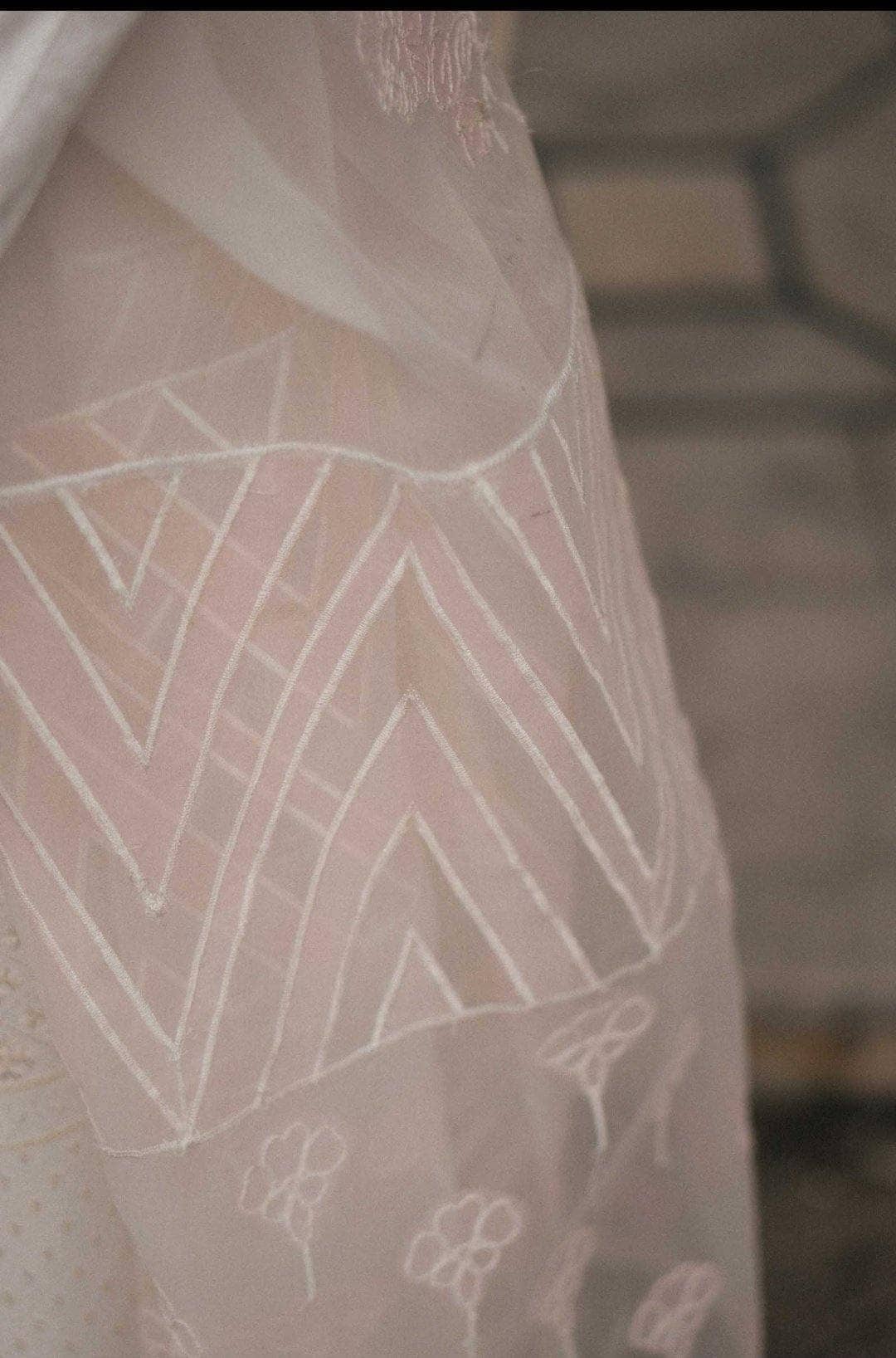 Fully embroidered shirt front with paste printed back and sleeves Embroidered border patch Laser cut embroidered organza dupatta Dyed cambric trouser